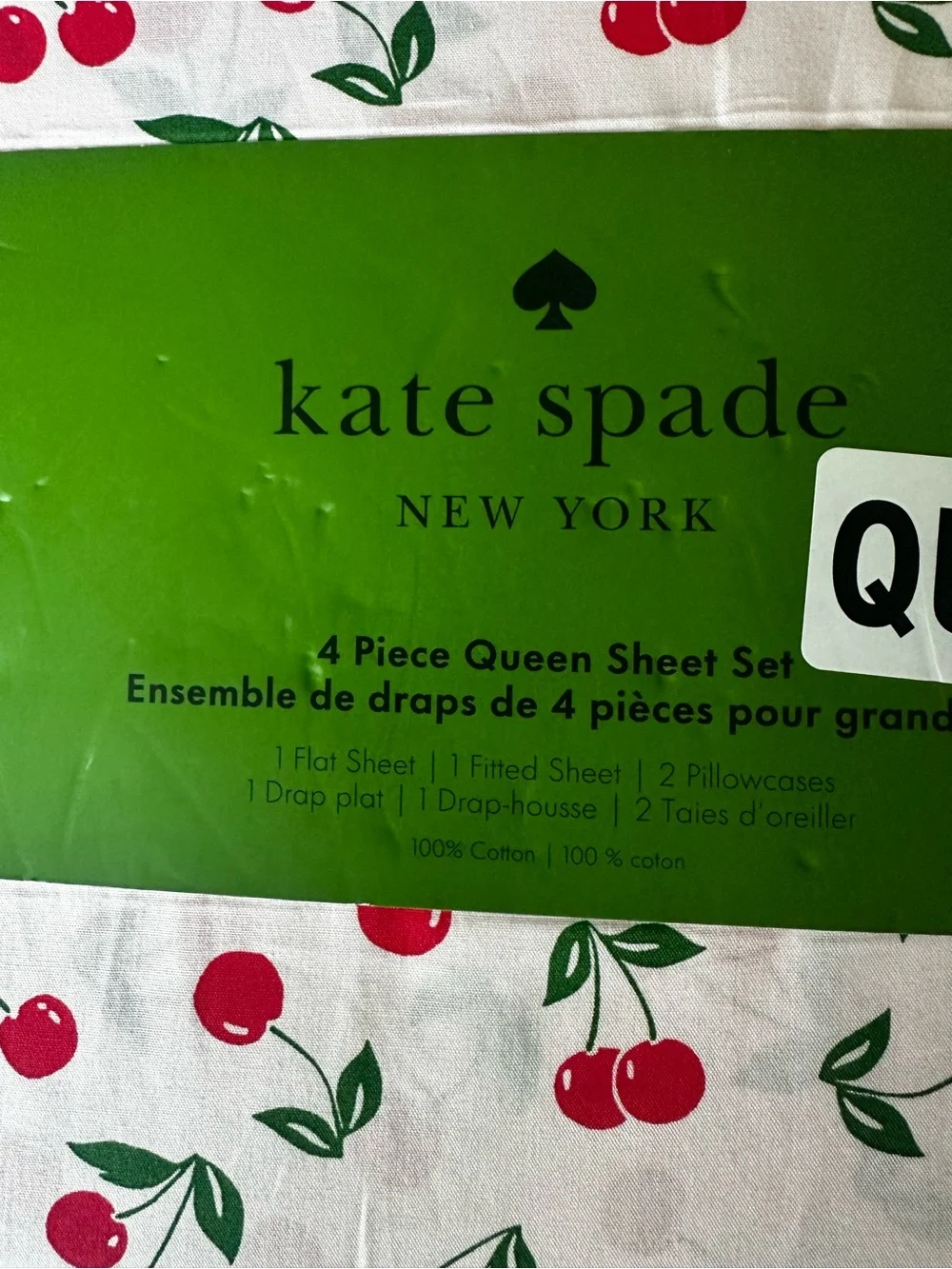 kate spade Cherry Print Cotton Sheet Set in White, Red & Green - Picture 2 of 4